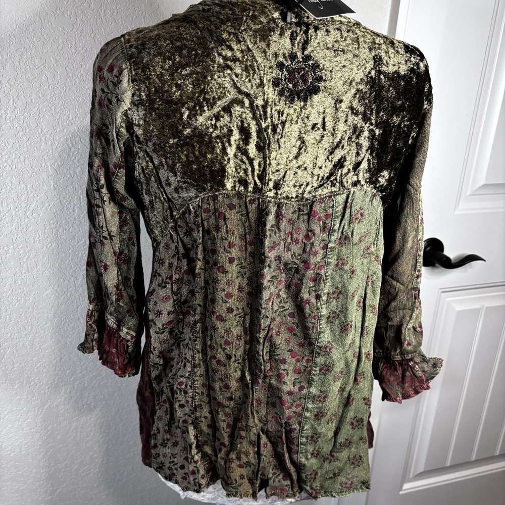 Boho Velvet Patchwork V-Neck Blouse in Olive & Burgundy - Picture 12 of 16